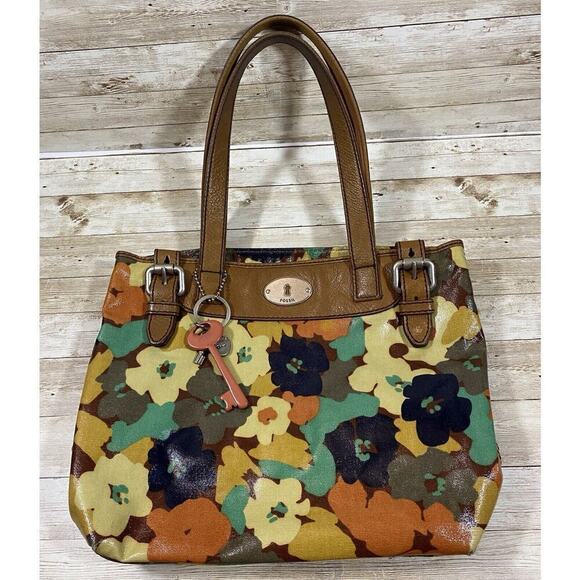 Fossil Purse Womens Medium Bag Floral Brown Leather Key Charms - Picture 1 of 16